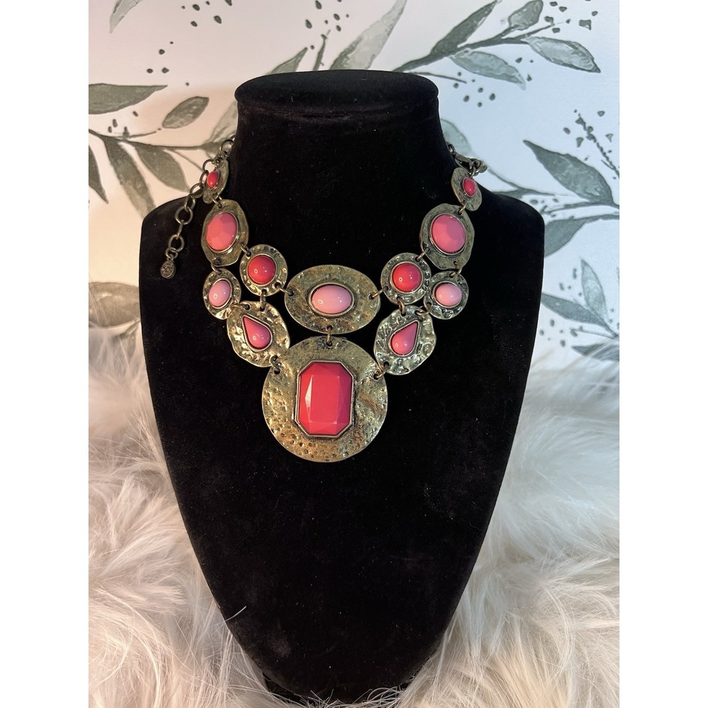 Ruby Rd. Vintage Pink Red Cabochon Bib Statement Necklace Boho-Chic Hammered - Picture 12 of 16